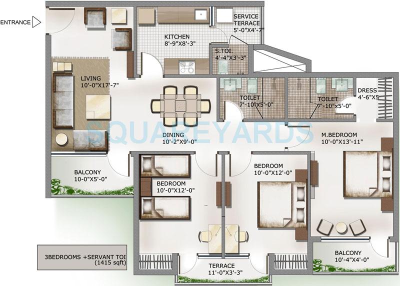 Floor plan of 3 BHK 1415 Sq. Ft. Apartment in 3C Lotus Panache, Noida