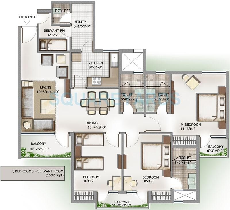 Floor plan of 3 BHK 1592 Sq. Ft. Apartment in 3C Lotus Panache, Noida