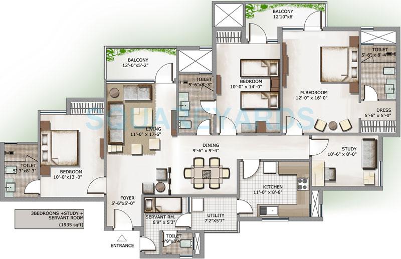 Floor plan of 3 BHK 1935 Sq. Ft. Apartment in 3C Lotus Panache, Noida