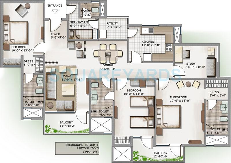 Floor plan of 3 BHK 1955 Sq. Ft. Apartment in 3C Lotus Panache, Noida