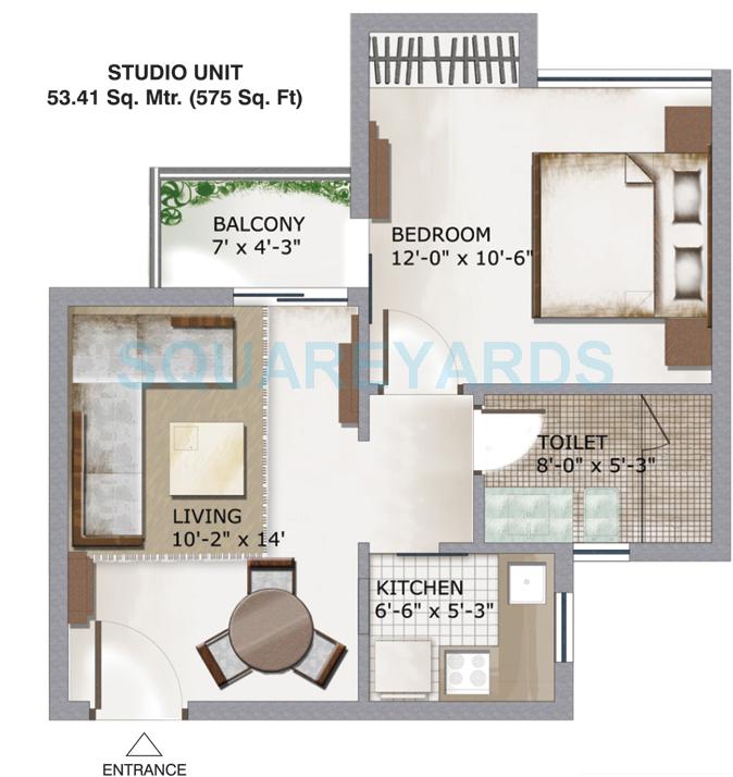 Floor plan of 1 BHK 575 Sq. Ft. Apartment in 3C Lotus Zing, Noida