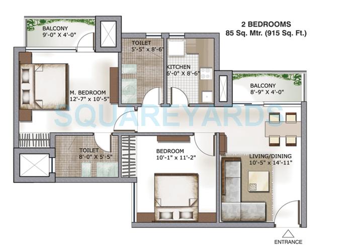 Floor plan of 2 BHK 915 Sq. Ft. Apartment in 3C Lotus Zing, Noida
