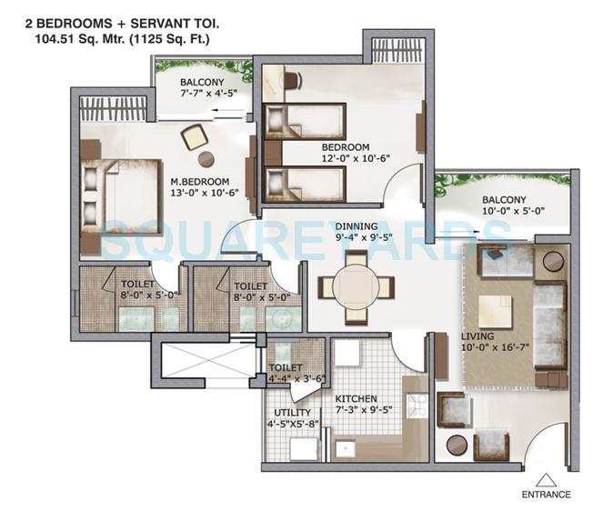 Floor plan of 2 BHK 1125 Sq. Ft. Apartment in 3C Lotus Zing, Noida