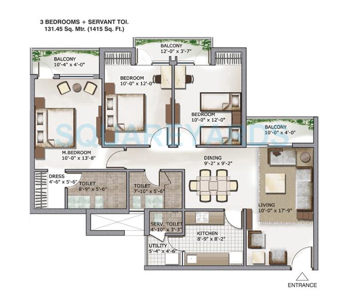 Floor plan of 3 BHK 1415 Sq. Ft. Apartment in 3C Lotus Zing, Noida