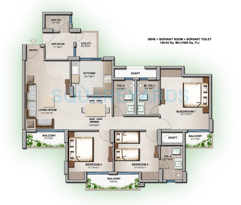 Floor plan of 3 BHK 1600 Sq. Ft. Apartment in 3C Lotus Zing, Noida