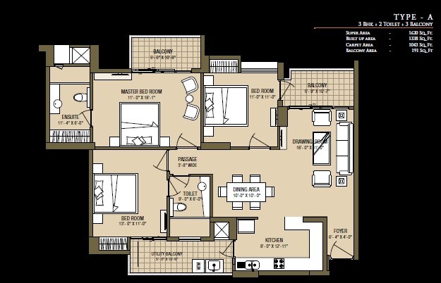 Floor plan of 3 BHK 1620 Sq. Ft. Apartment in ABA Cleo County, Noida