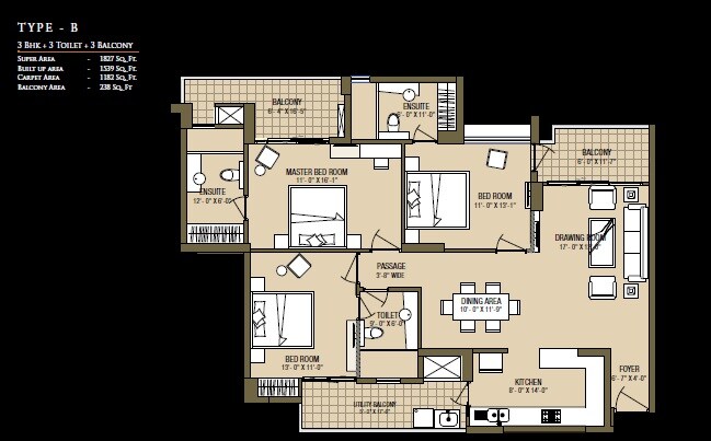 Floor plan of 3 BHK 1827 Sq. Ft. Apartment in ABA Cleo County, Noida