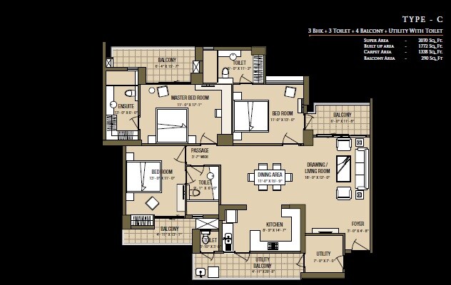 Floor plan of 3 BHK 2070 Sq. Ft. Apartment in ABA Cleo County, Noida