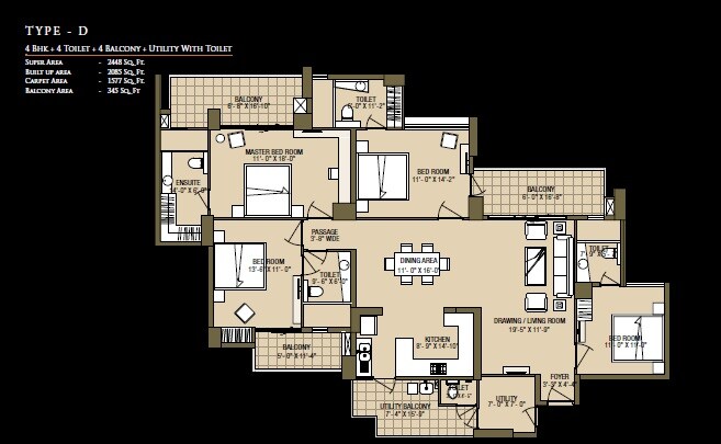 Floor plan of 4 BHK 2448 Sq. Ft. Apartment in ABA Cleo County, Noida