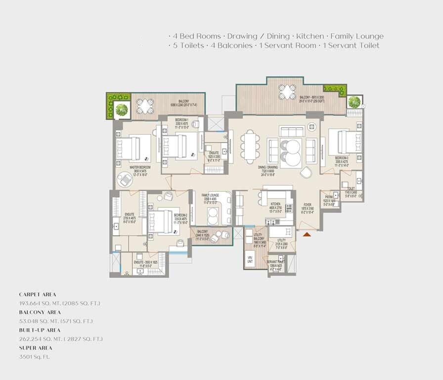 Floor plan of 4 BHK 3501 Sq. Ft. Apartment in ABA County 107, Noida