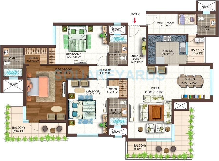 Floor plan of 3 BHK 2095 Sq. Ft. Apartment in ACE Golf Shire, Noida