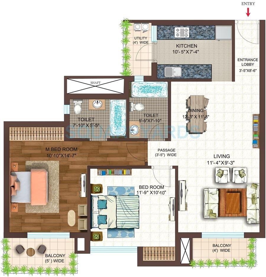 Floor plan of 2 BHK 1195 Sq. Ft. Apartment in Ace Golfshire, Noida
