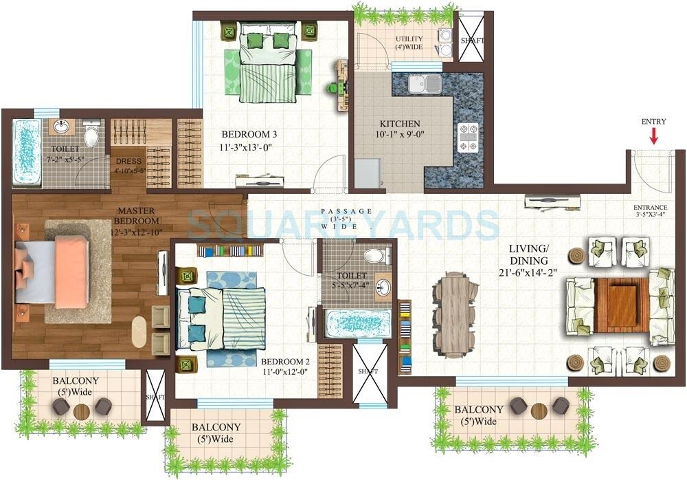 Floor plan of 3 BHK 1675 Sq. Ft. Apartment in Ace Golfshire, Noida