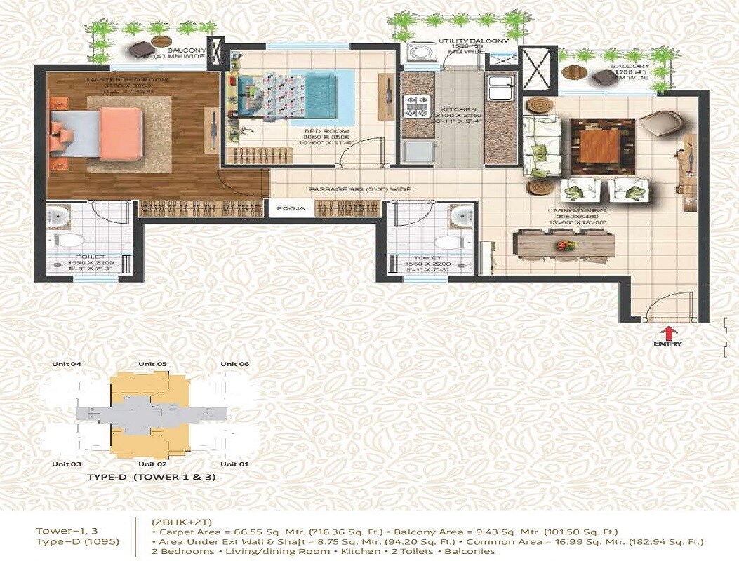 Floor plan of 3 BHK 1095 Sq. Ft. Apartment in Ace One Imperial Tower, Noida