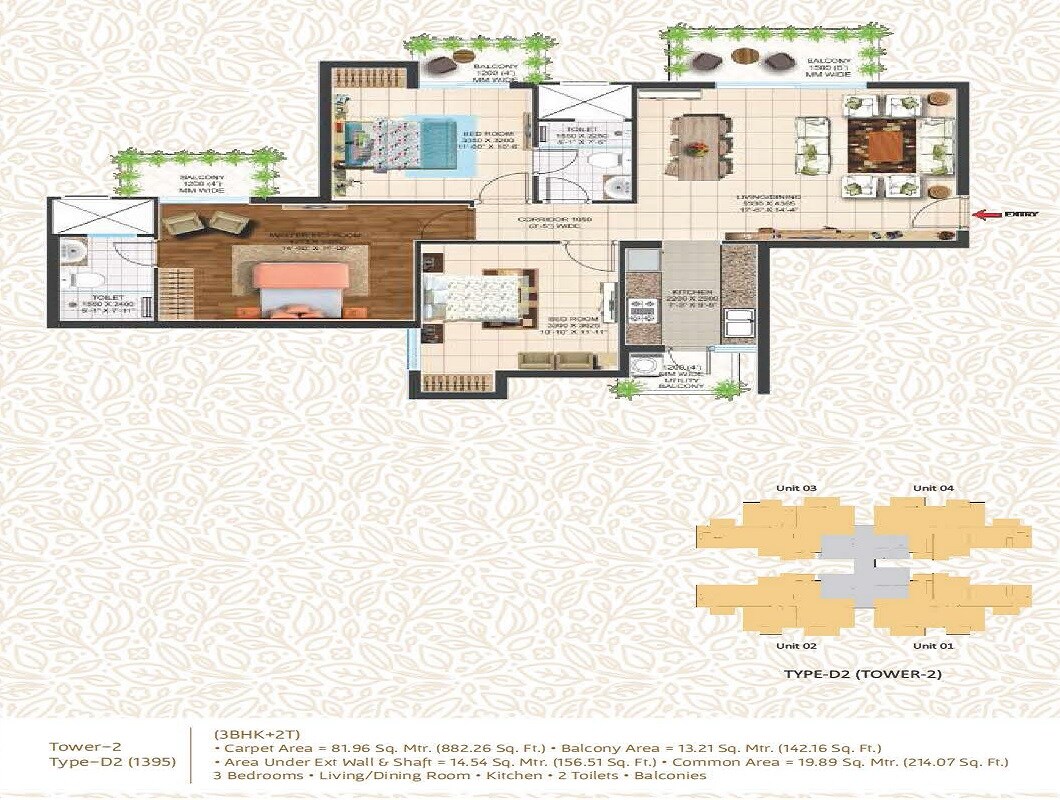 Floor plan of 3 BHK 1395 Sq. Ft. Apartment in Ace One Imperial Tower, Noida