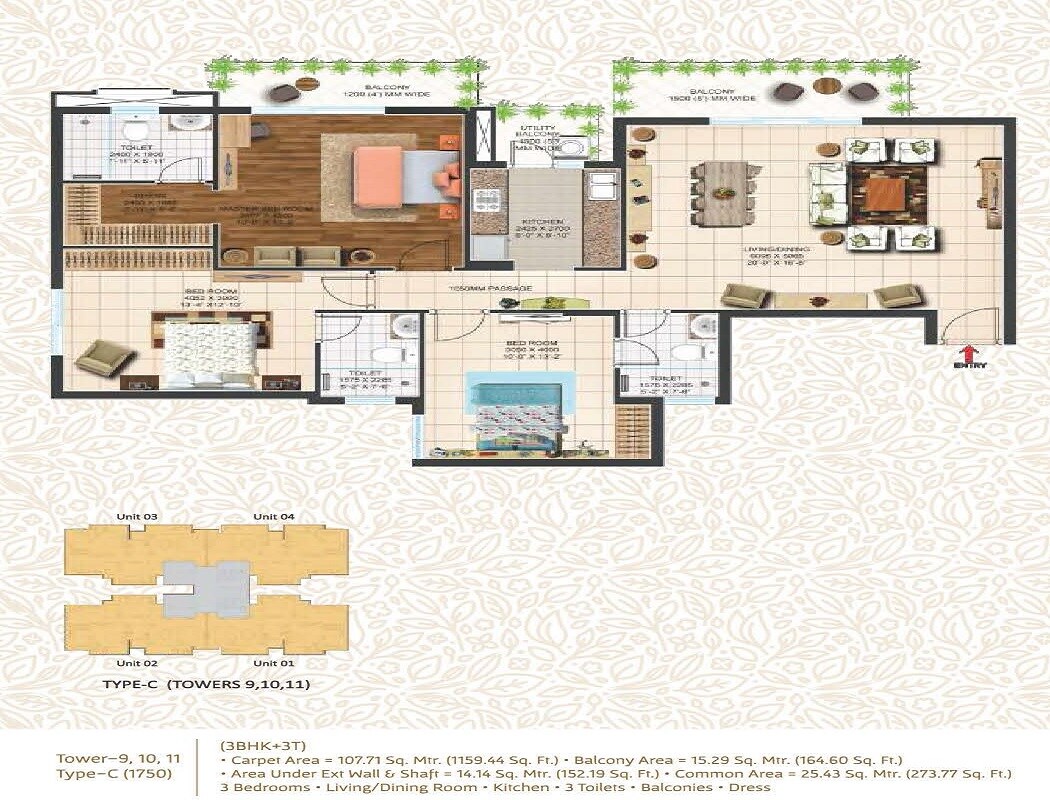 Floor plan of 3 BHK 1750 Sq. Ft. Apartment in Ace One Imperial Tower, Noida