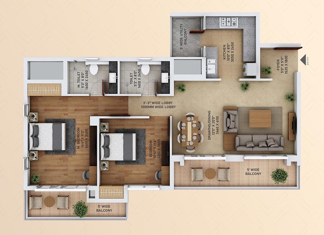Floor plan of 2 BHK 1350 Sq. Ft. Apartment in Ace Starlit, Noida