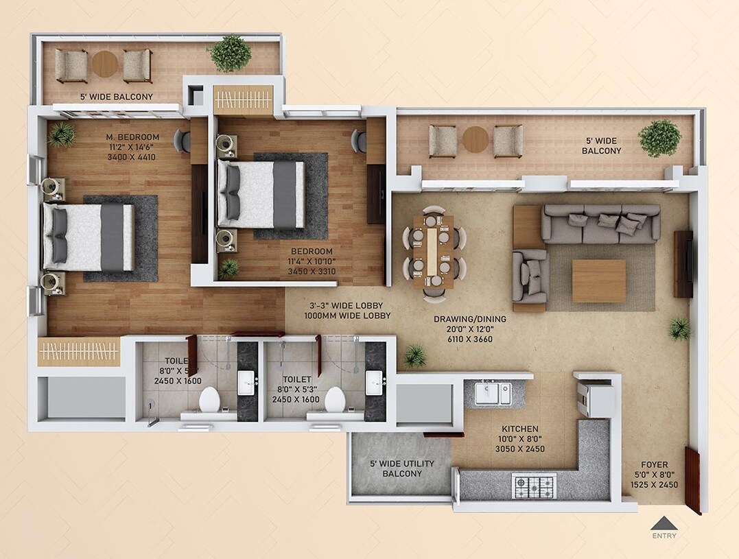 Floor plan of 2 BHK 1360 Sq. Ft. Apartment in Ace Starlit, Noida