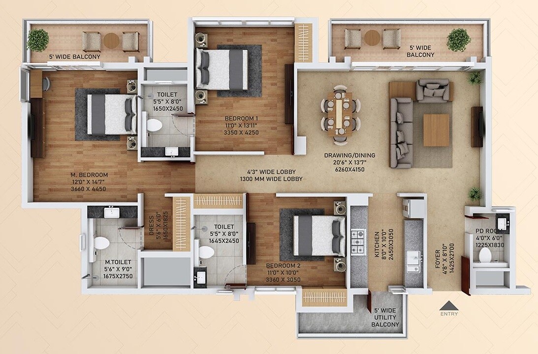 Floor plan of 3 BHK 1775 Sq. Ft. Apartment in Ace Starlit, Noida