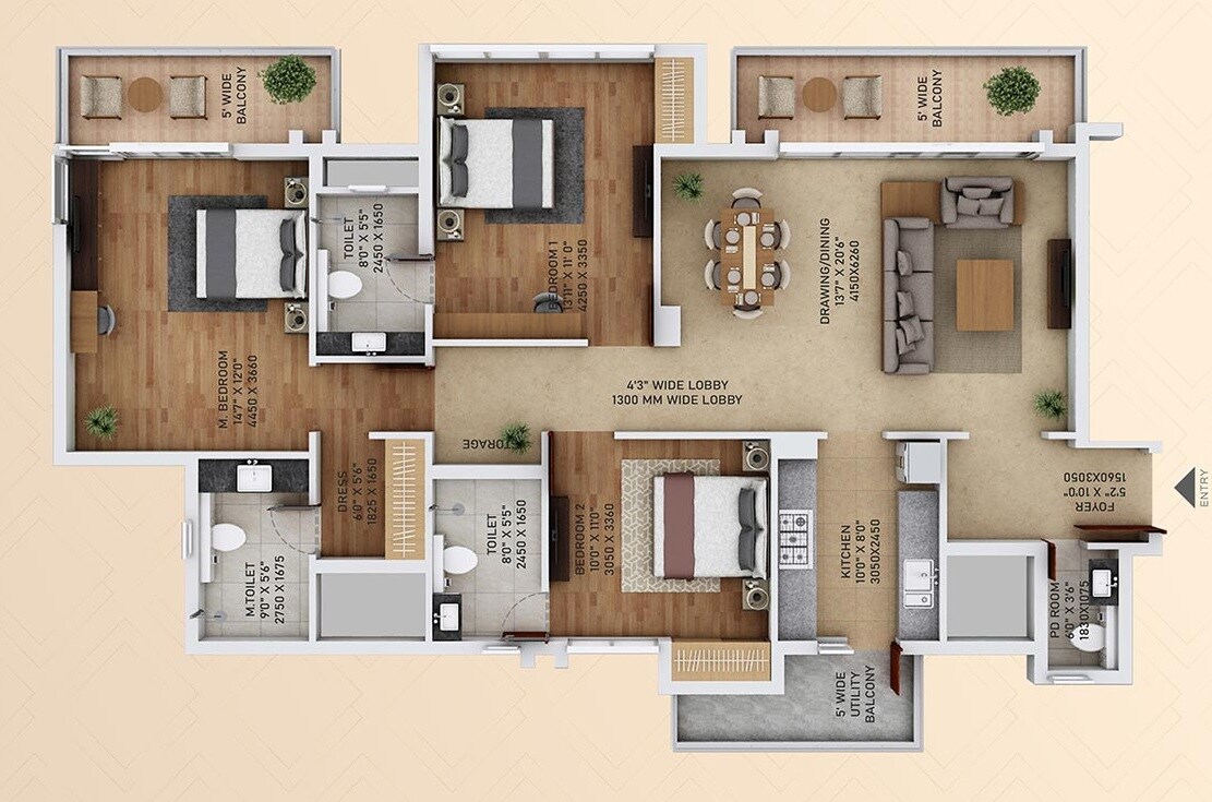 Floor plan of 3 BHK 1785 Sq. Ft. Apartment in Ace Starlit, Noida