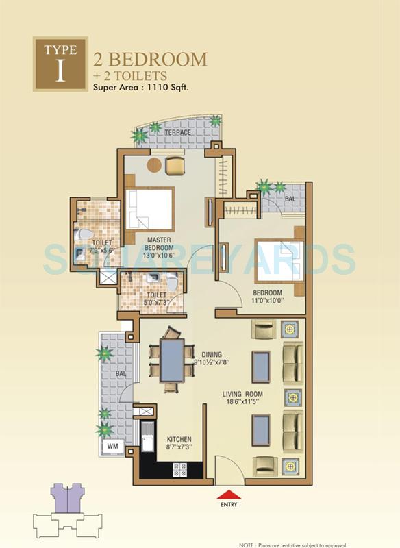 Floor plan of 2 BHK 1110 Sq. Ft. Apartment in Aditya Celebrity Homes, Noida