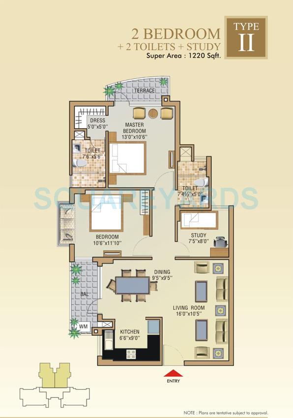 Floor plan of 2 BHK 1220 Sq. Ft. Apartment in Aditya Celebrity Homes, Noida