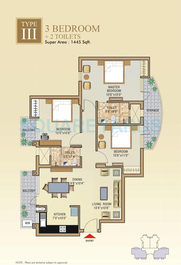 Floor plan of 3 BHK 1445 Sq. Ft. Apartment in Aditya Celebrity Homes, Noida