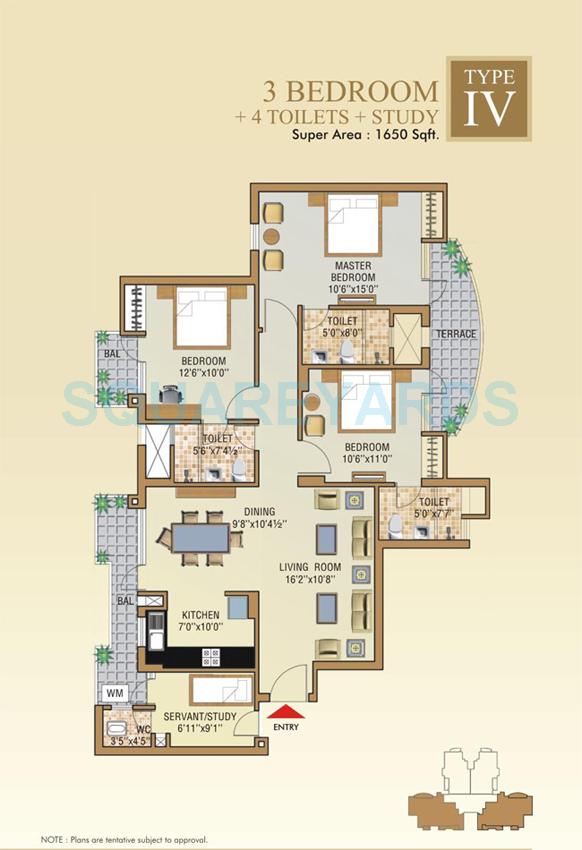 Floor plan of 3 BHK 1650 Sq. Ft. Apartment in Aditya Celebrity Homes, Noida