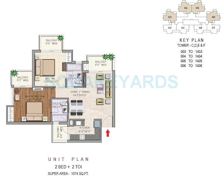 Floor plan of 2 BHK 1074 Sq. Ft. Apartment in Aditya Urban Casa, Noida