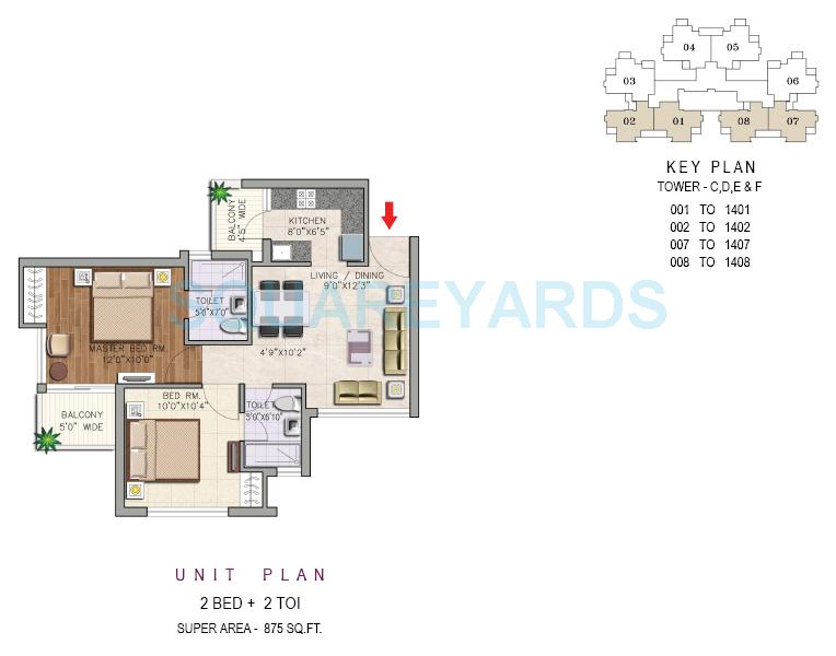 Floor plan of 2 BHK 875 Sq. Ft. Apartment in Aditya Urban Casa, Noida