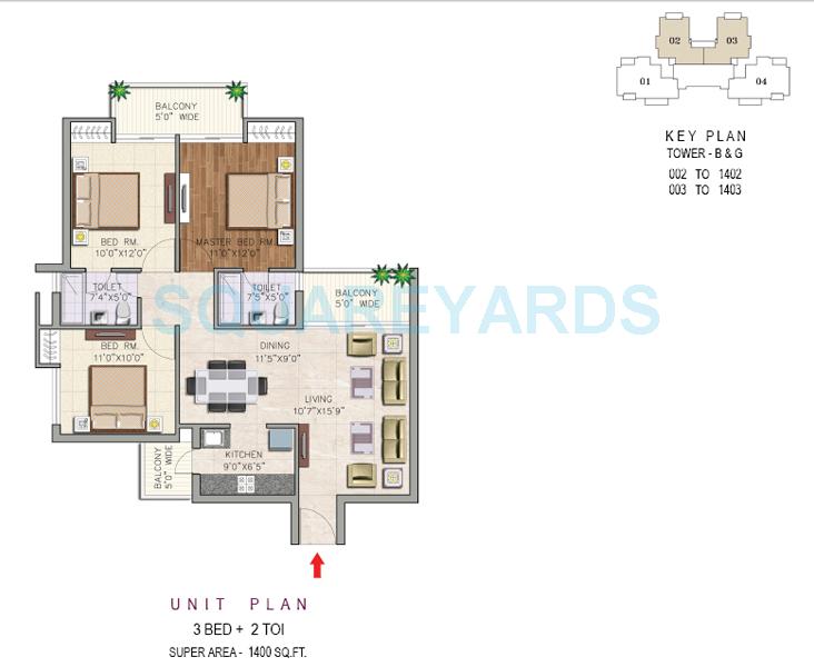 Floor plan of 3 BHK 1400 Sq. Ft. Apartment in Aditya Urban Casa, Noida