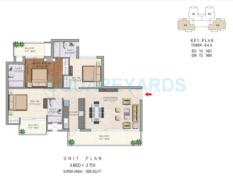 Floor plan of 3 BHK 1600 Sq. Ft. Apartment in Aditya Urban Casa, Noida