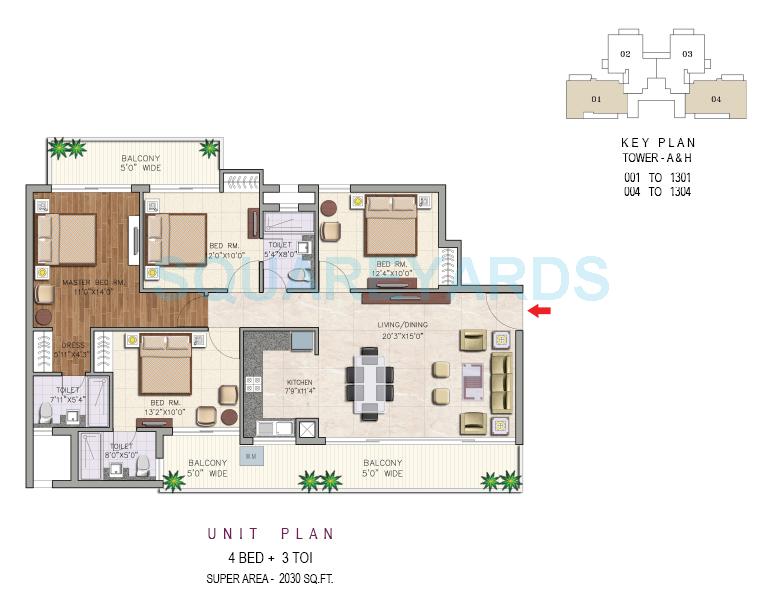 Floor plan of 4 BHK 2030 Sq. Ft. Apartment in Aditya Urban Casa, Noida