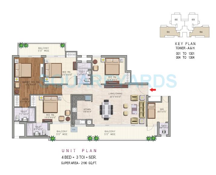 Floor plan of 4 BHK 2190 Sq. Ft. Apartment in Aditya Urban Casa, Noida