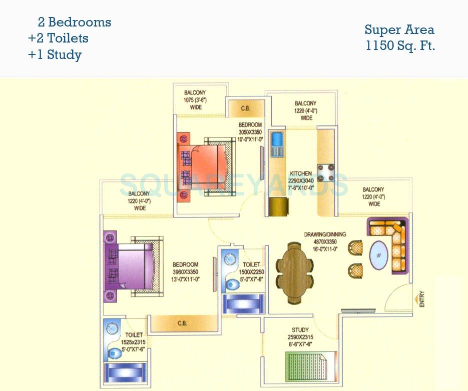 Floor plan of 2 BHK 1150 Sq. Ft. Apartment in Aims Golf Avenue I, Noida