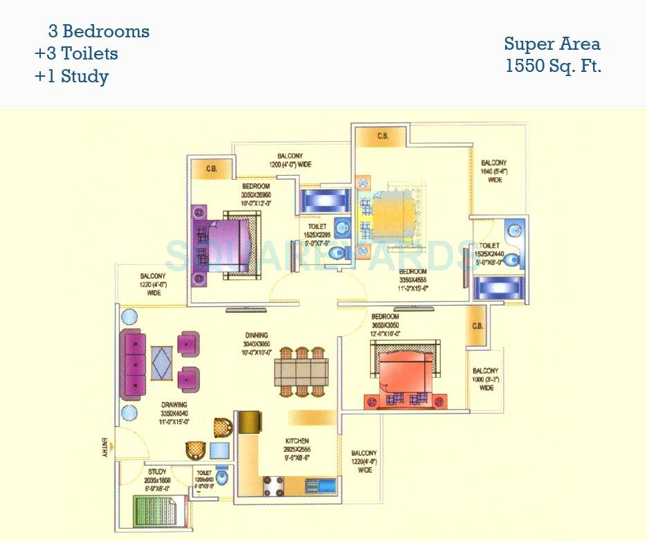 Floor plan of 3 BHK 1550 Sq. Ft. Apartment in Aims Golf Avenue I, Noida