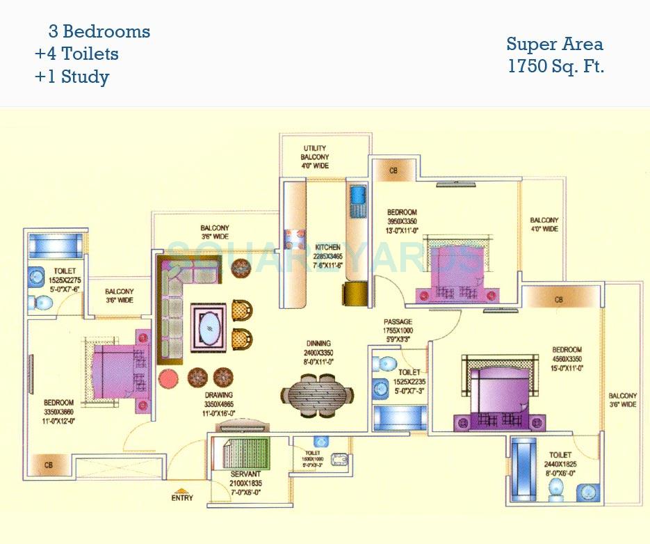 Floor plan of 3 BHK 1750 Sq. Ft. Apartment in Aims Golf Avenue I, Noida