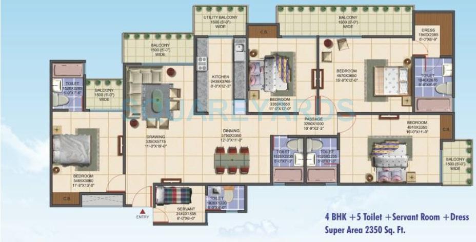 Floor plan of 4 BHK 2350 Sq. Ft. Apartment in Aims Golf Avenue I, Noida
