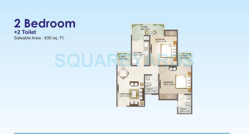 Floor plan of 2 BHK 930 Sq. Ft. Apartment in Aims Golf Avenue II, Noida