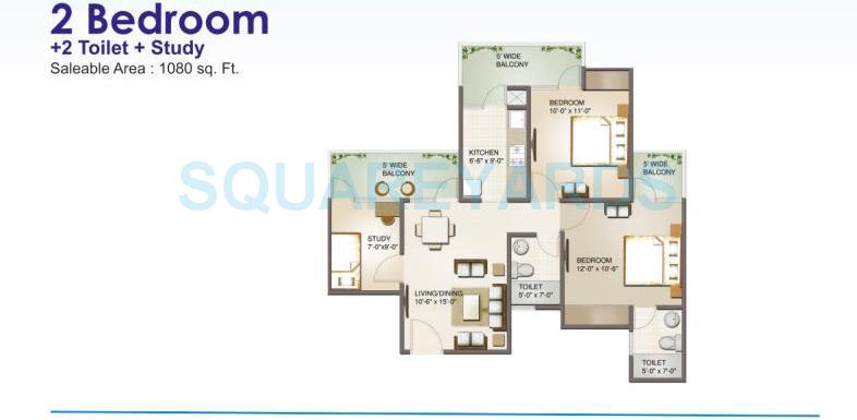 Floor plan of 2 BHK 1080 Sq. Ft. Apartment in Aims Golf Avenue II, Noida