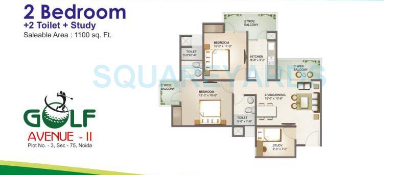Floor plan of 2 BHK 1100 Sq. Ft. Apartment in Aims Golf Avenue II, Noida
