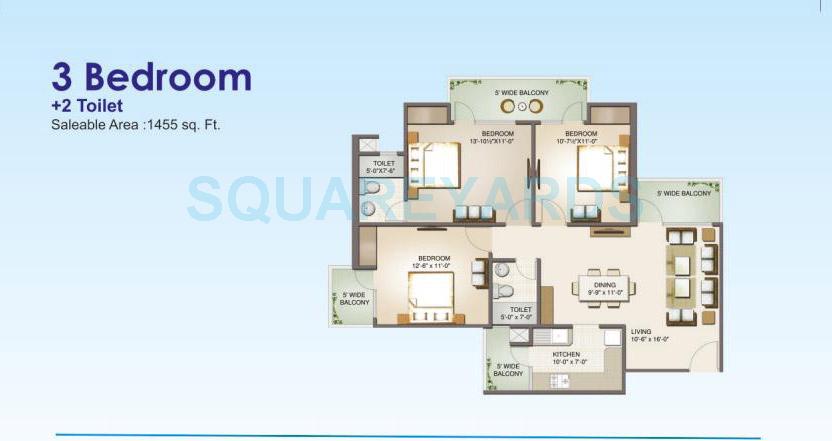 Floor plan of 3 BHK 1455 Sq. Ft. Apartment in Aims Golf Avenue II, Noida