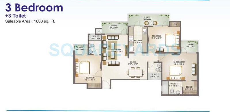 Floor plan of 3 BHK 1600 Sq. Ft. Apartment in Aims Golf Avenue II, Noida