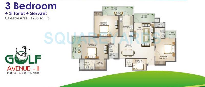 Floor plan of 3 BHK 1765 Sq. Ft. Apartment in Aims Golf Avenue II, Noida