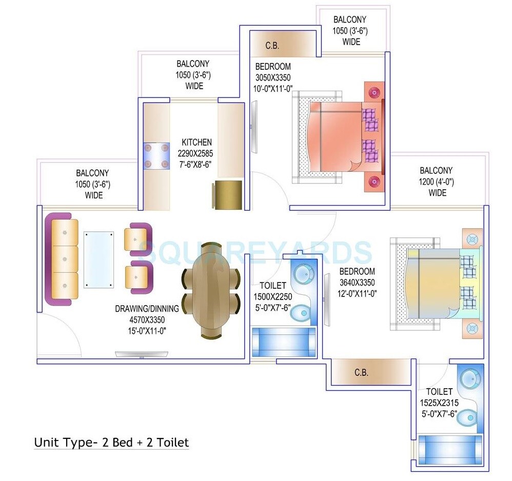 Floor plan of 2 BHK 950 Sq. Ft. Apartment in Aims Golf City, Noida
