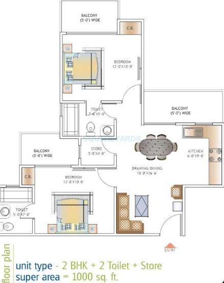 Floor plan of 2 BHK 1000 Sq. Ft. Apartment in Ajnara Daffodil, Noida