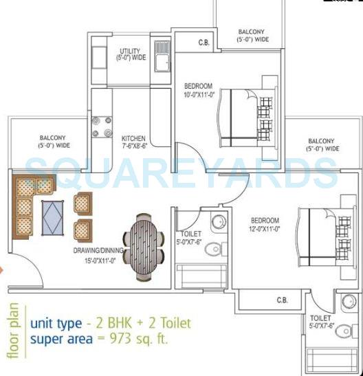 Floor plan of 2 BHK 973 Sq. Ft. Apartment in Ajnara Daffodil, Noida