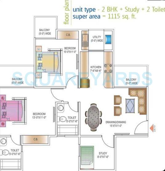 Floor plan of 2 BHK 1115 Sq. Ft. Apartment in Ajnara Daffodil, Noida