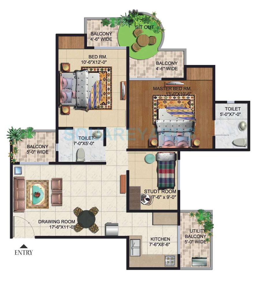 Floor plan of 2 BHK 1195 Sq. Ft. Apartment in Ajnara Daffodil, Noida