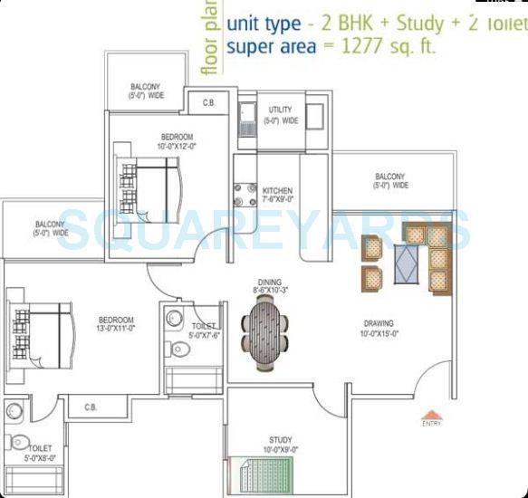 Floor plan of 2 BHK 1277 Sq. Ft. Apartment in Ajnara Daffodil, Noida